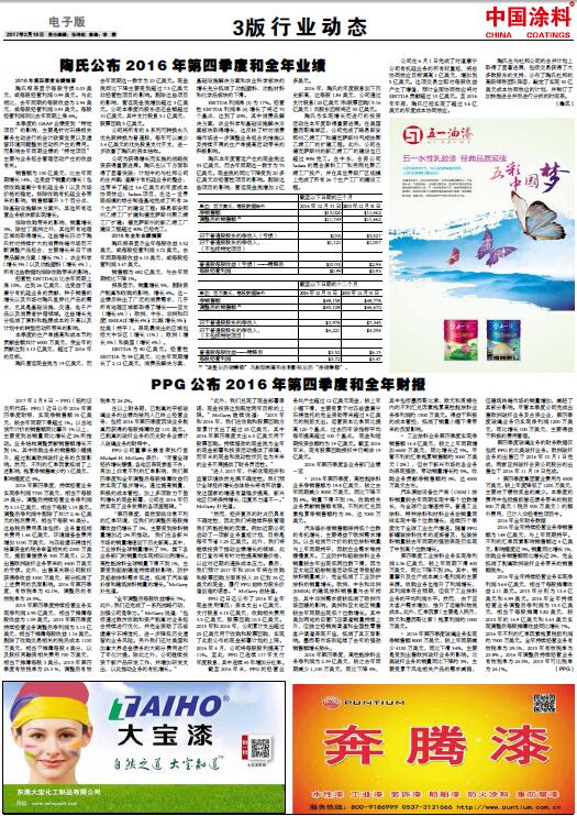 PPG公布2016年第四季度和全年财报